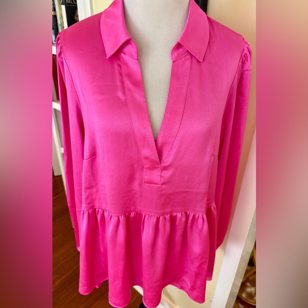 Lilly Pulitzer Top Hot Pink Sateen Jaylene Long Sleeve Peplum Hem Blouse XL - Picture 5 of 9